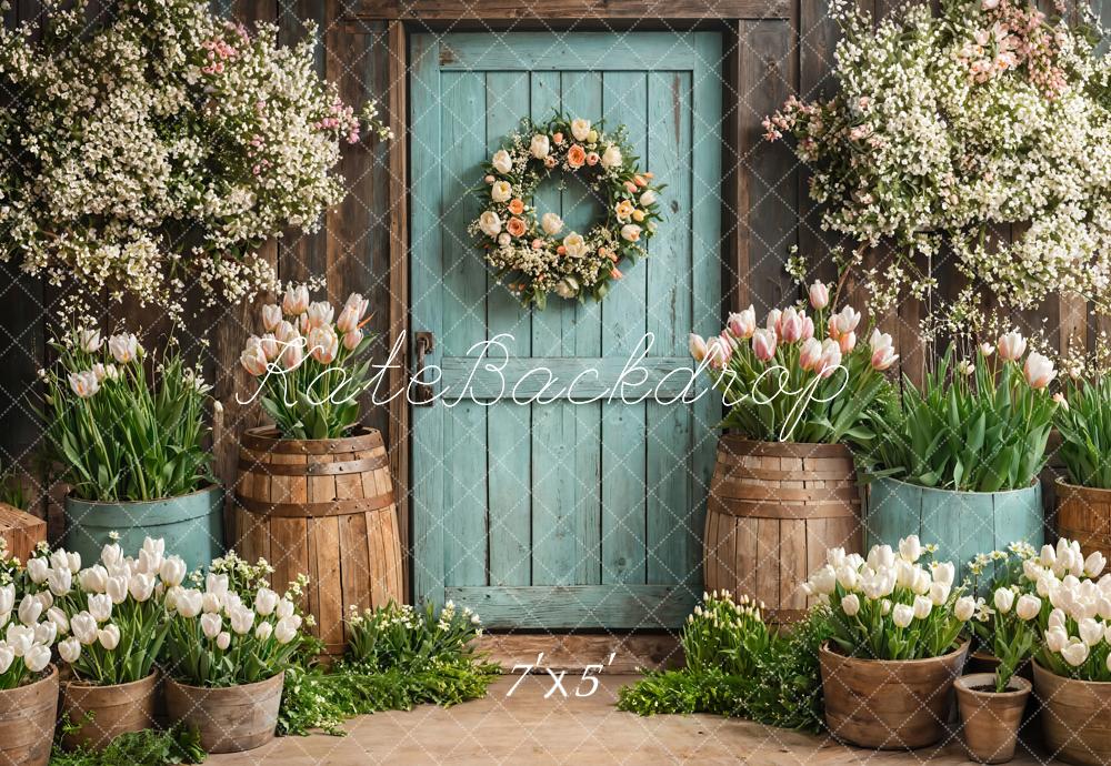 Kate Spring Floral Rustic Door Tulips Backdrop Designed by Emetselch -UK