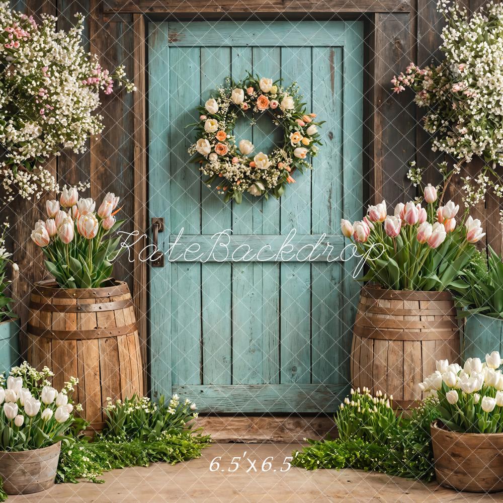 Kate Spring Floral Rustic Door Tulips Backdrop Designed by Emetselch -UK