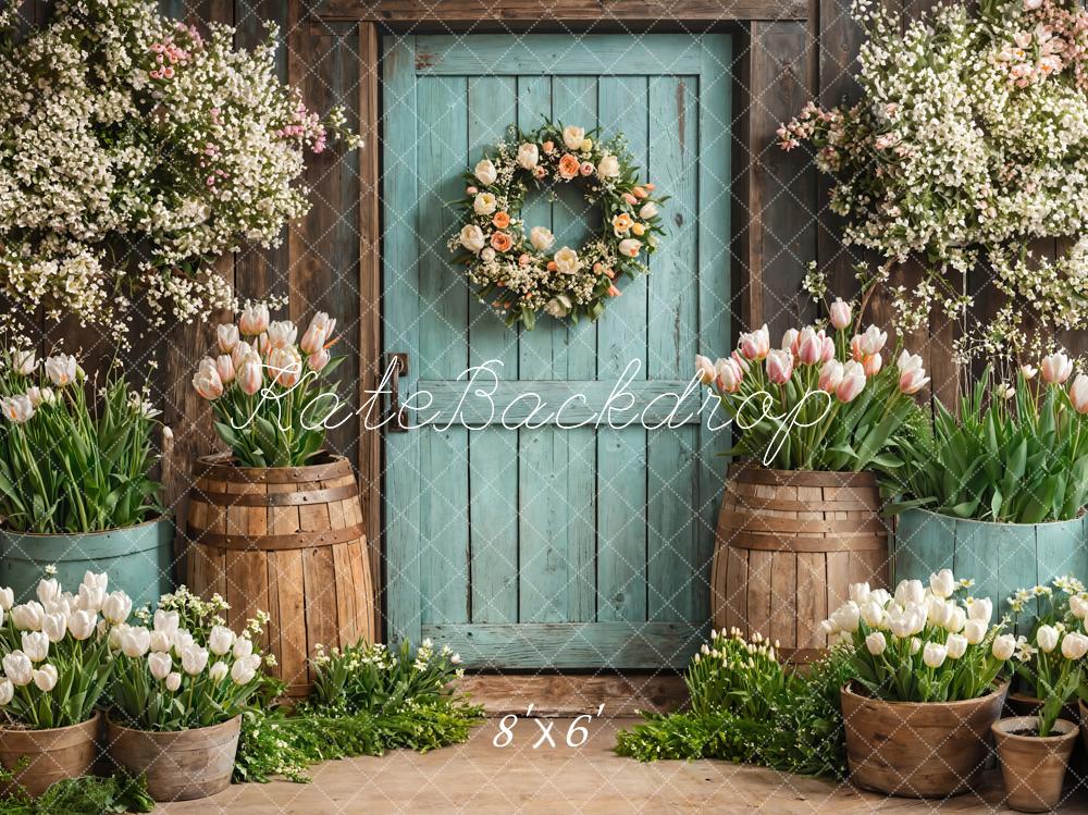 Kate Spring Floral Rustic Door Tulips Backdrop Designed by Emetselch -UK