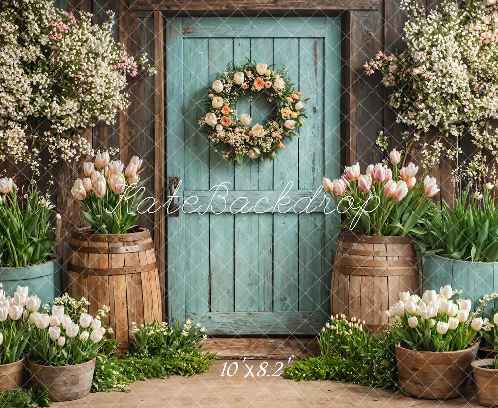 Kate Spring Floral Rustic Door Tulips Backdrop Designed by Emetselch -UK