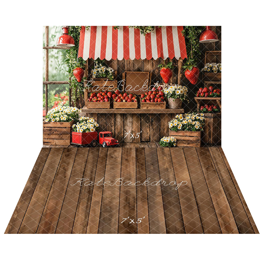 Kate Spring Strawberry Market Floral Backdrop+Brown Old Wooden Floor Backdrop -UK