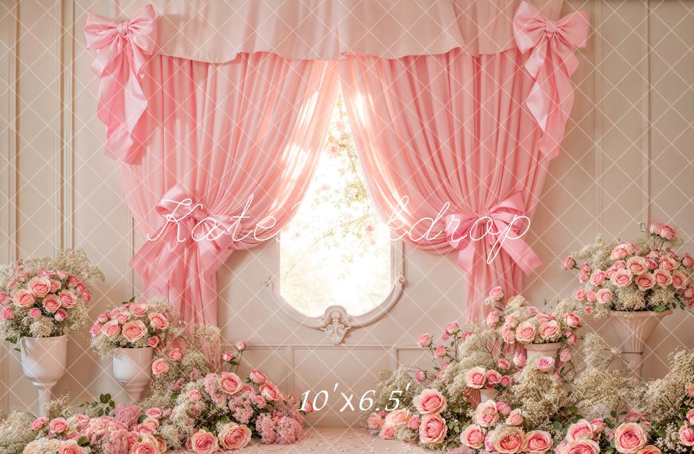 Kate Cake Smash Pink Floral Curtain Bow Backdrop Designed by Emetselch -UK