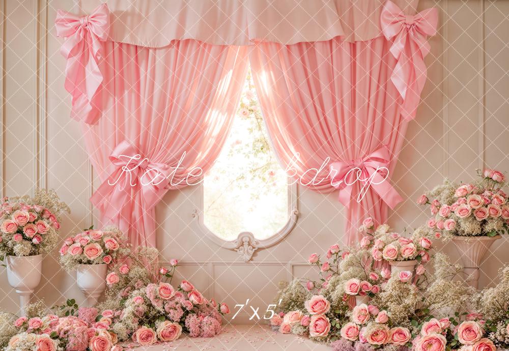 Kate Cake Smash Pink Floral Curtain Bow Backdrop Designed by Emetselch -UK