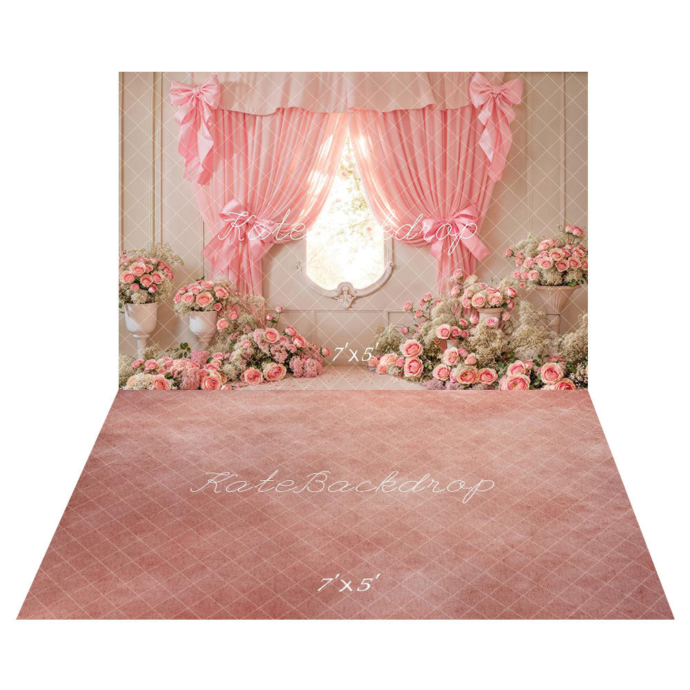 Lightning Deals Kate Cake Smash Floral Curtain Bow Backdrop+Pink White Gradient Floor Backdrop -UK
