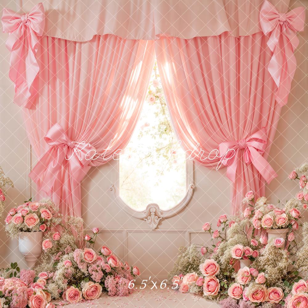 Kate Cake Smash Pink Floral Curtain Bow Backdrop Designed by Emetselch -UK