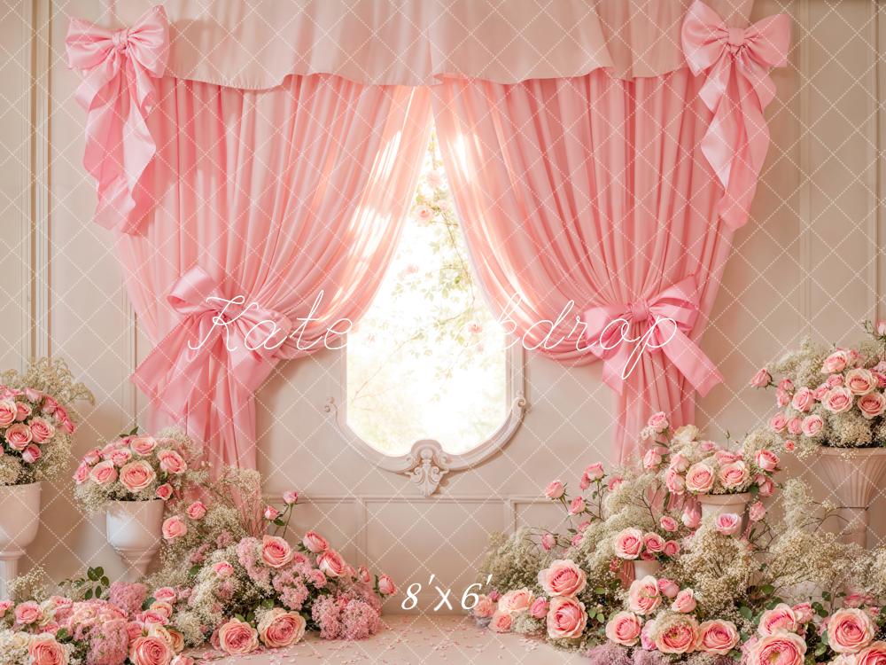 Kate Cake Smash Pink Floral Curtain Bow Backdrop Designed by Emetselch -UK
