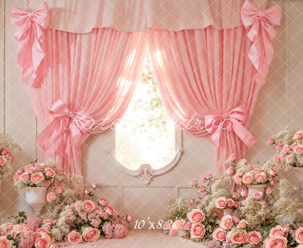 Kate Cake Smash Pink Floral Curtain Bow Backdrop Designed by Emetselch -UK