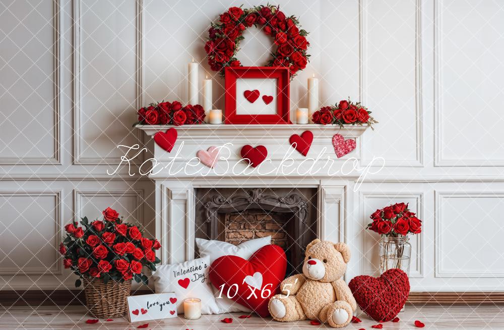 On Sale Kate Valentine Fireplace Teddy Bear Roses Backdrop Designed by Emetselch -UK