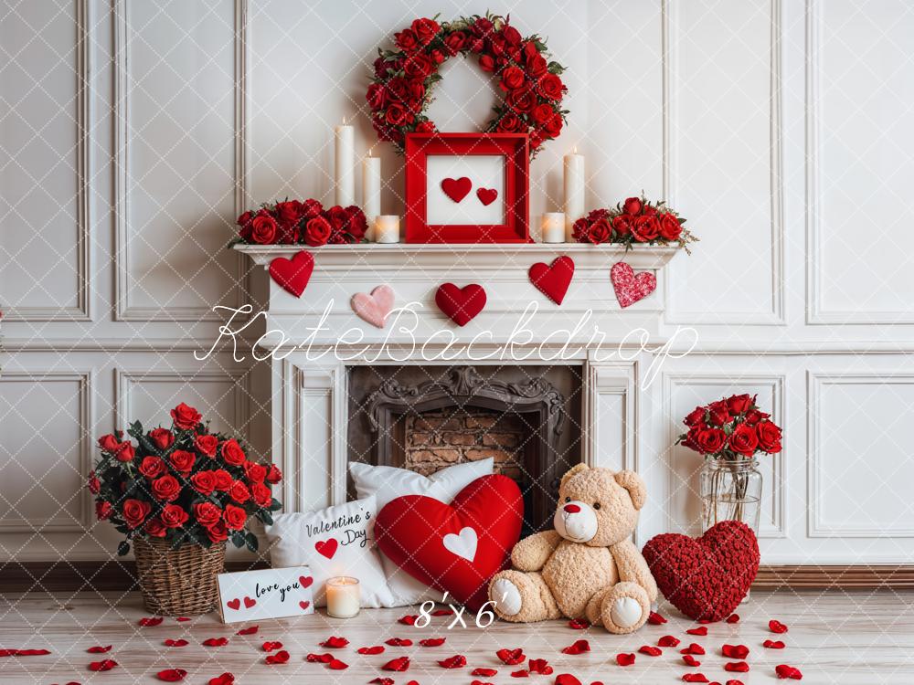 On Sale Kate Valentine Fireplace Teddy Bear Roses Backdrop Designed by Emetselch -UK