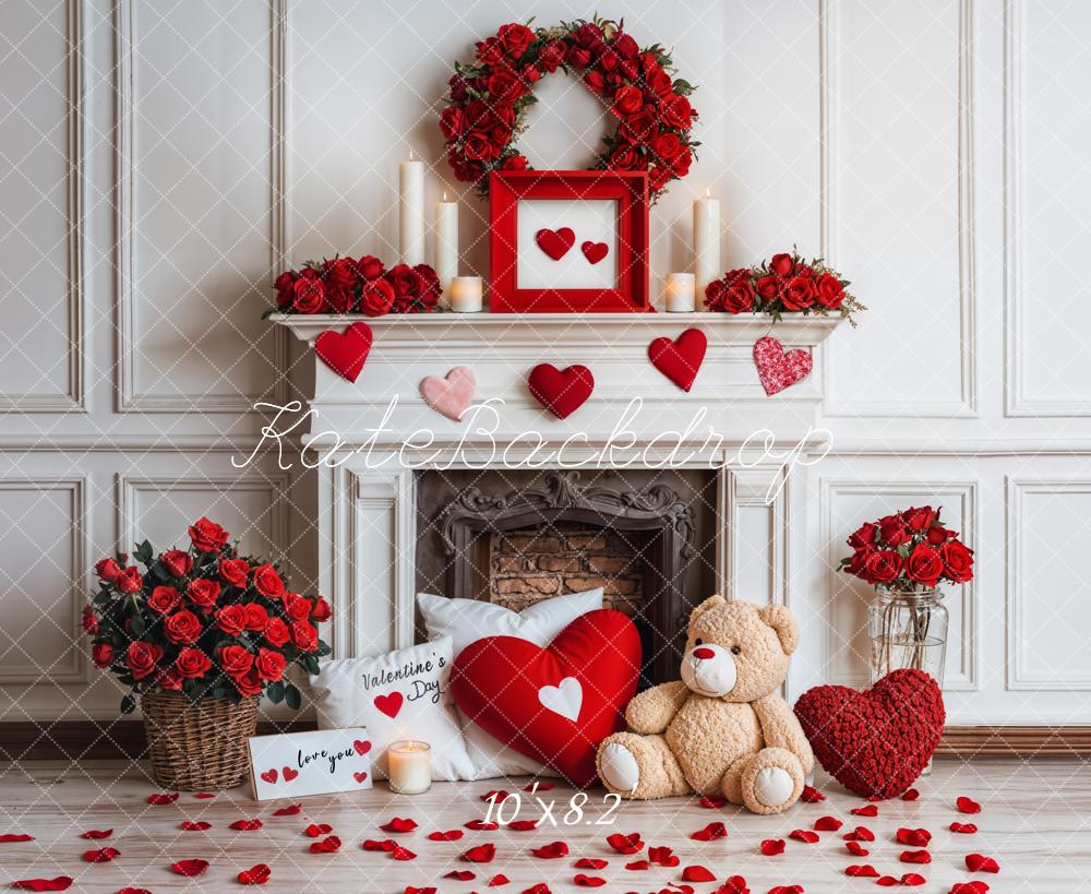 On Sale Kate Valentine Fireplace Teddy Bear Roses Backdrop Designed by Emetselch -UK