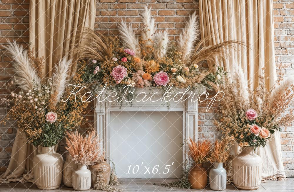 Kate Boho Floral Fireplace Curtain Beige Backdrop Designed by Emetselch -UK