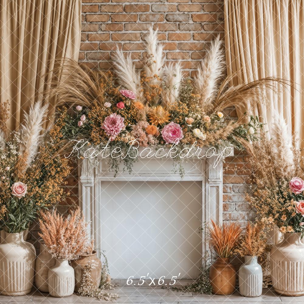 Kate Boho Floral Fireplace Curtain Beige Backdrop Designed by Emetselch -UK