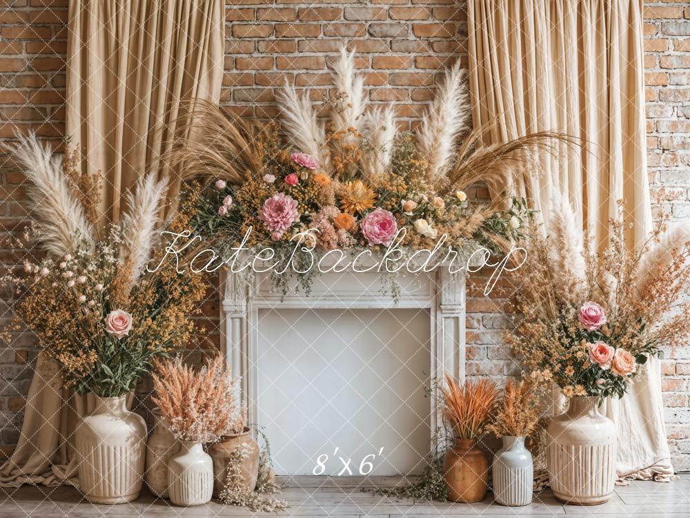 Kate Boho Floral Fireplace Curtain Beige Backdrop Designed by Emetselch -UK