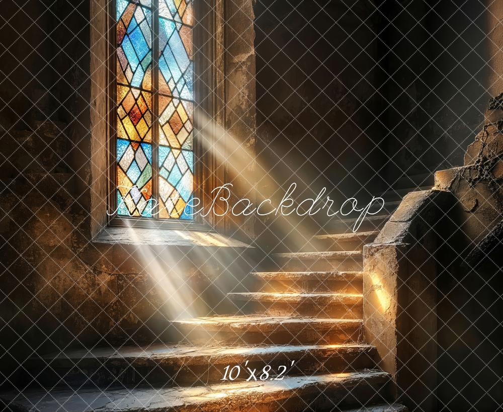 Lightning Deals Kate Church Stained Glass Cascading Stairs Backdrop Designed by Emetselch -UK