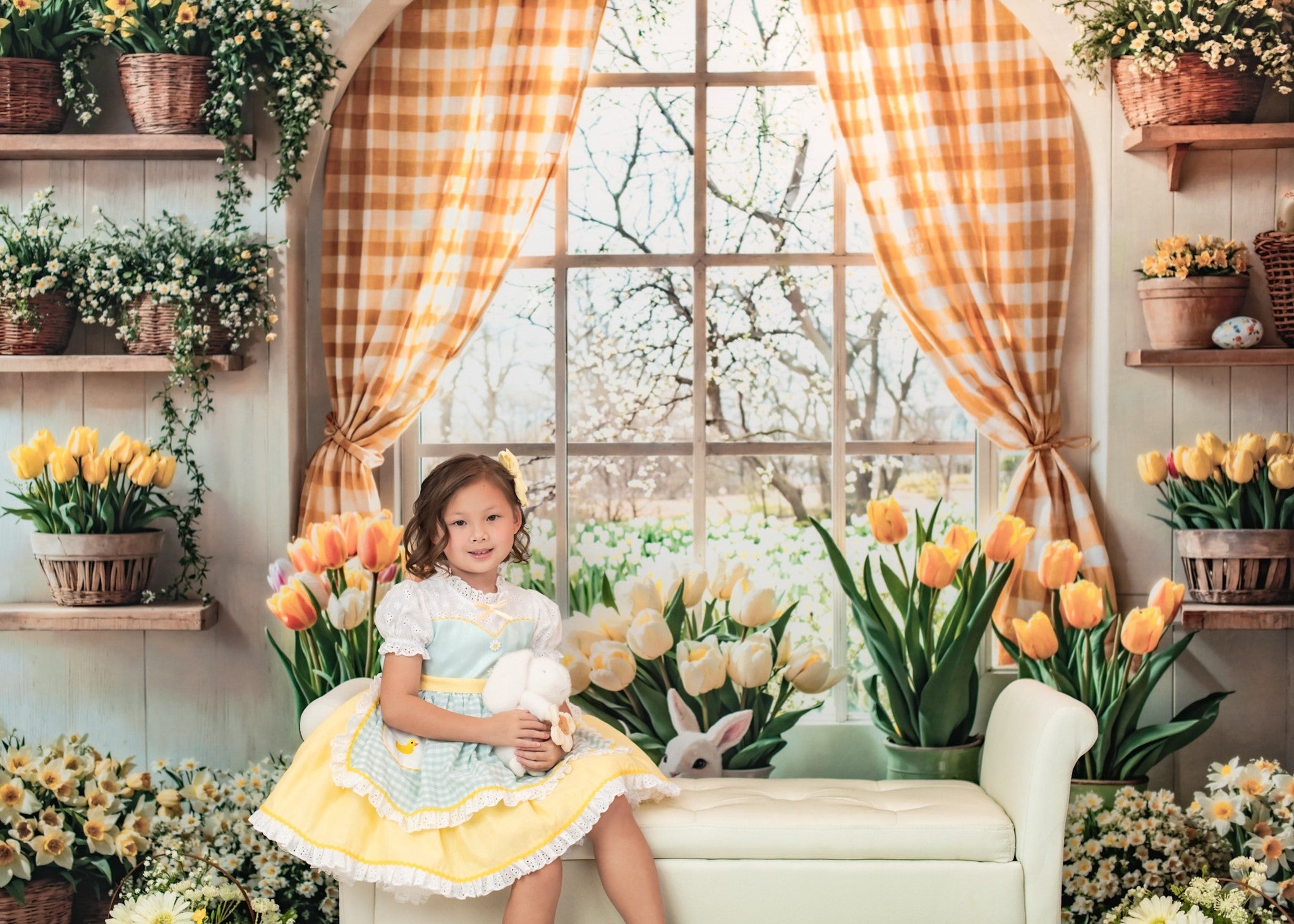 Kate Easter Bunny Floral Window Curtain Backdrop Designed by Emetselch -UK