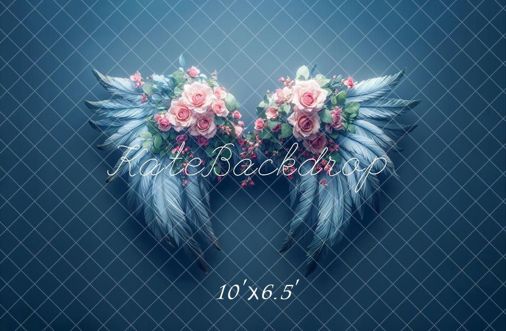 Kate Dreamy Floral Angel Wings Blue Backdrop Designed by Emetselch -UK