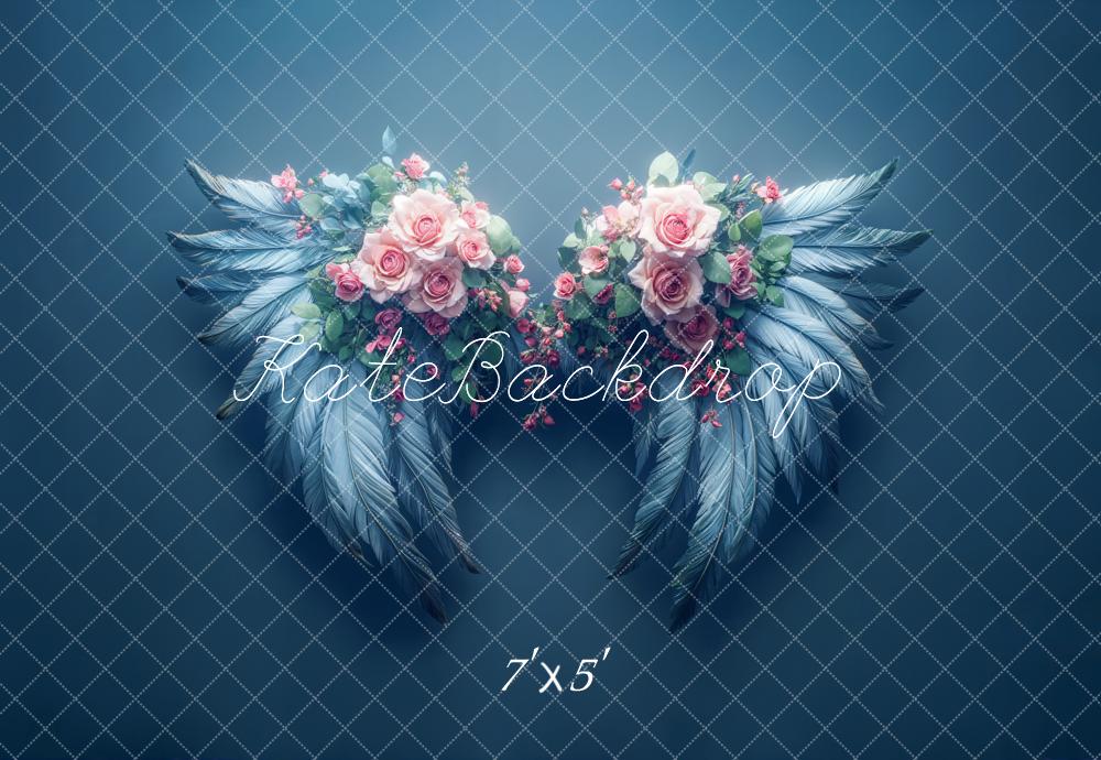 Kate Dreamy Floral Angel Wings Blue Backdrop Designed by Emetselch -UK