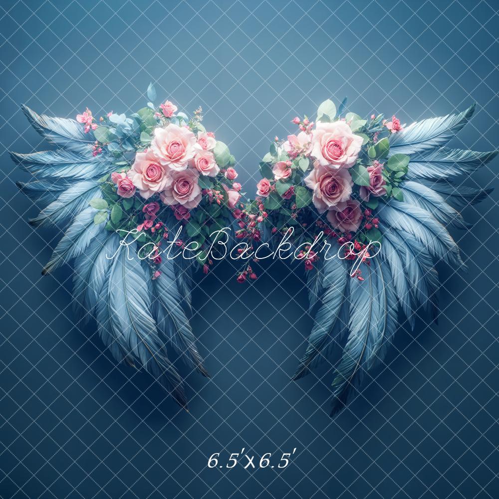 Kate Dreamy Floral Angel Wings Blue Backdrop Designed by Emetselch -UK