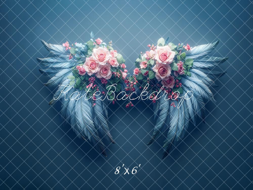 Kate Dreamy Floral Angel Wings Blue Backdrop Designed by Emetselch -UK