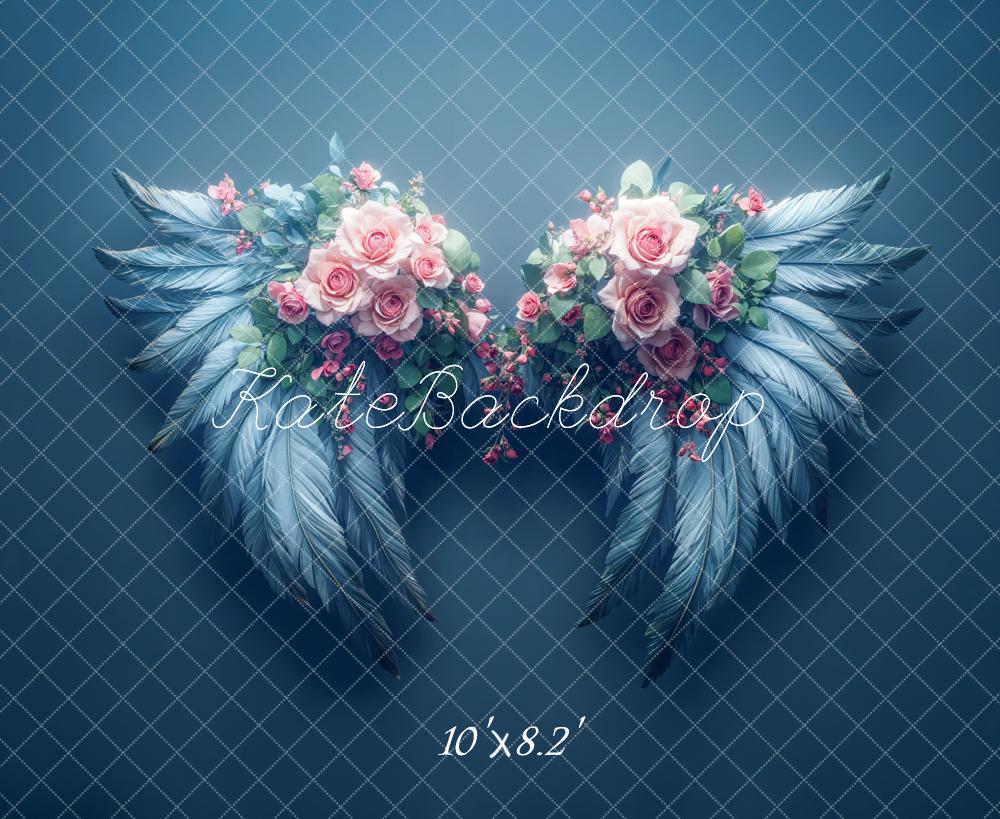 Kate Dreamy Floral Angel Wings Blue Backdrop Designed by Emetselch -UK