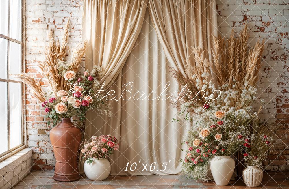 Kate Boho Floral Drapes Brick Wall Backdrop Designed by Emetselch -UK