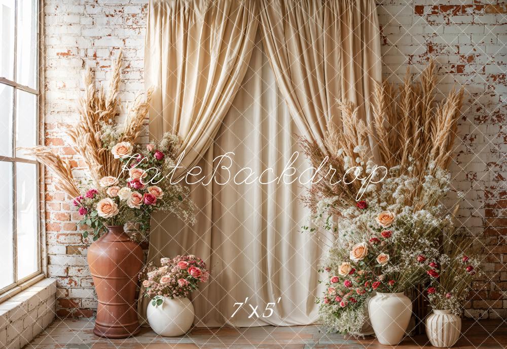 Kate Boho Floral Drapes Brick Wall Backdrop Designed by Emetselch -UK