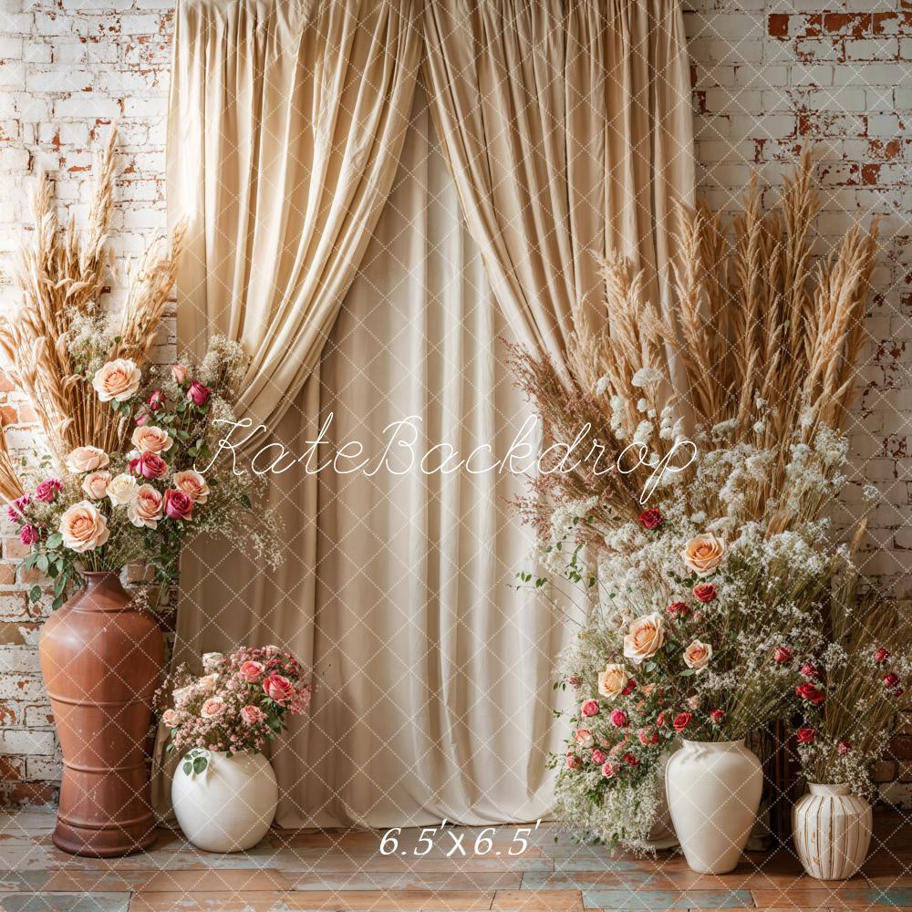 Kate Boho Floral Drapes Brick Wall Backdrop Designed by Emetselch -UK