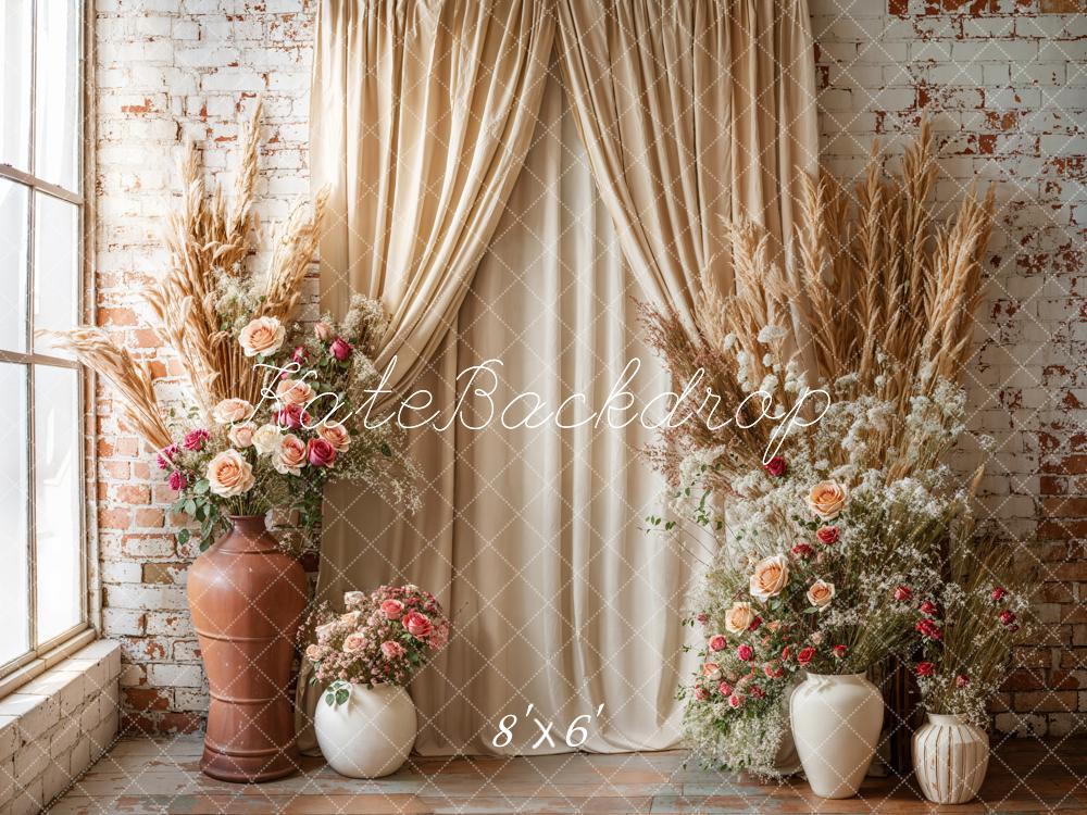 Kate Boho Floral Drapes Brick Wall Backdrop Designed by Emetselch -UK