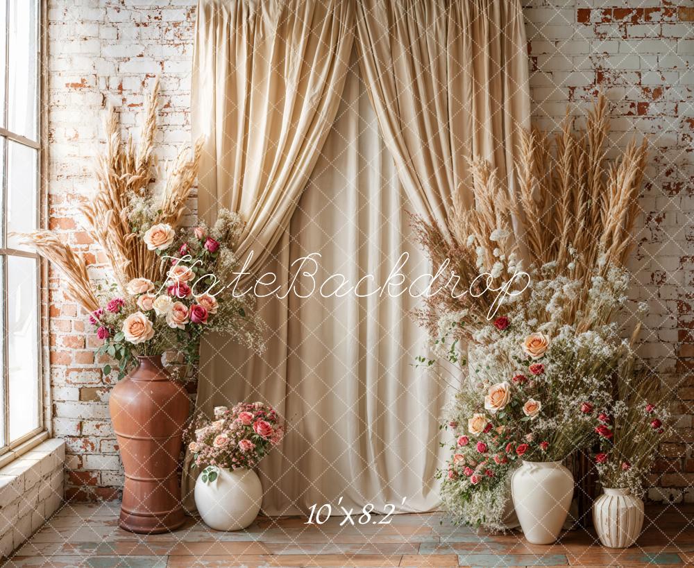 Kate Boho Floral Drapes Brick Wall Backdrop Designed by Emetselch -UK