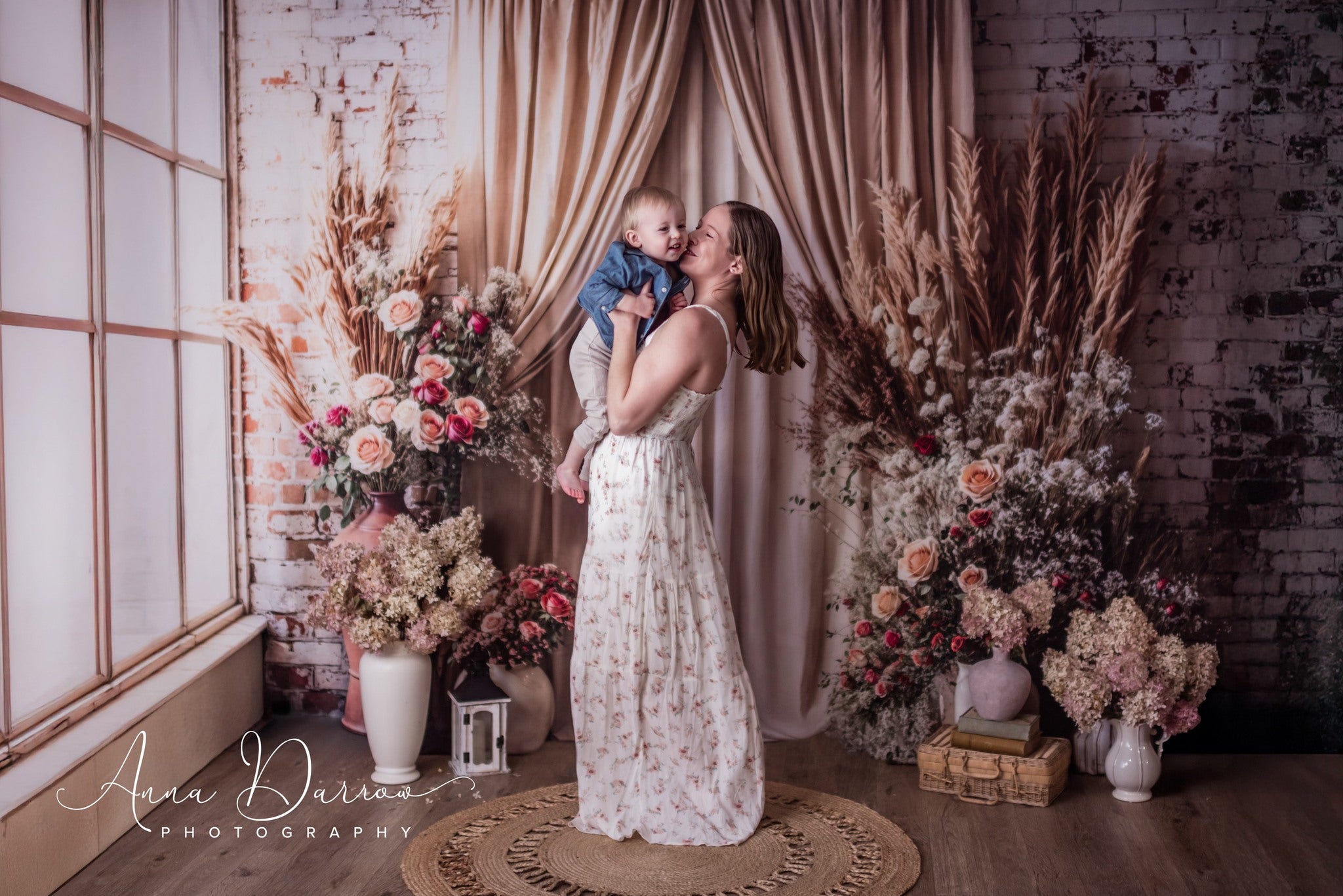 Kate Boho Floral Drapes Brick Wall Backdrop Designed by Emetselch -UK