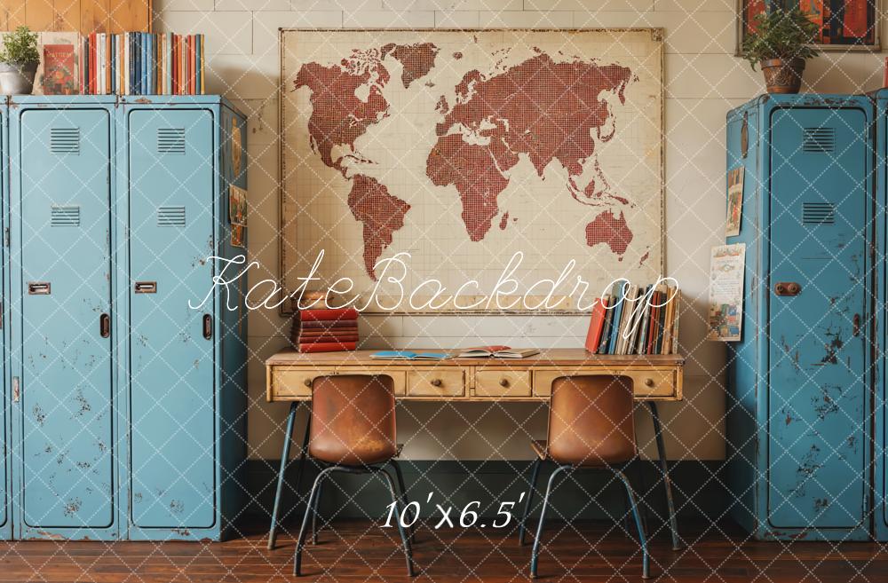 Kate Back To School Vintage Blue Locker Map Backdrop Designed by Emetselch -UK