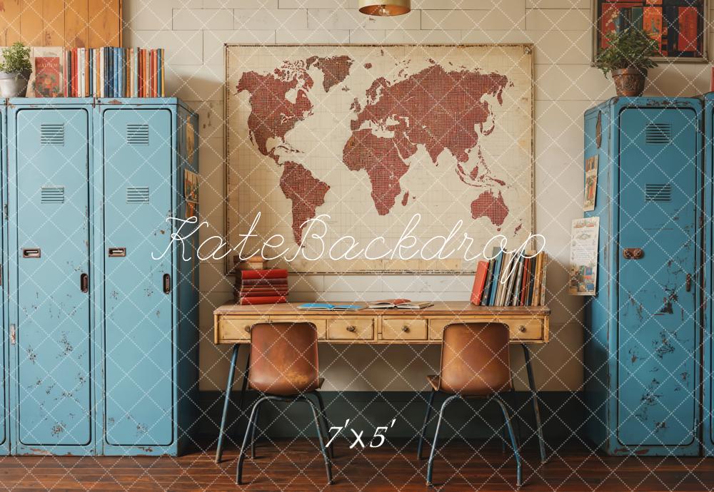 Kate Back To School Vintage Blue Locker Map Backdrop Designed by Emetselch -UK