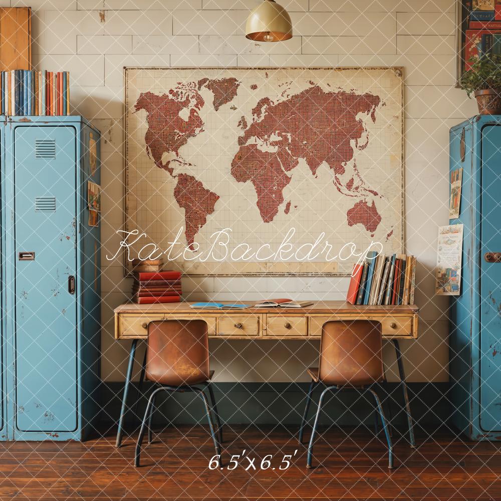 Kate Back To School Vintage Blue Locker Map Backdrop Designed by Emetselch -UK
