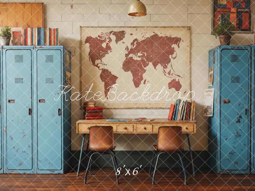 Kate Back To School Vintage Blue Locker Map Backdrop Designed by Emetselch -UK
