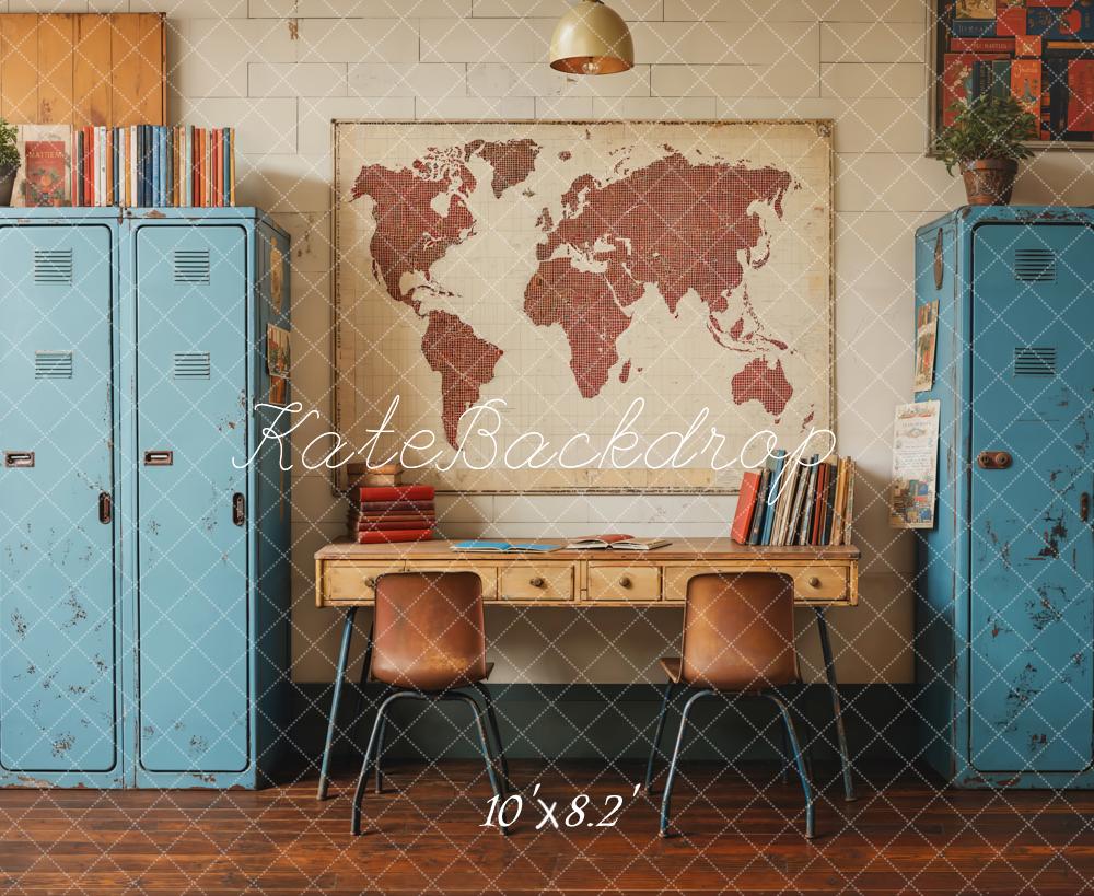 Kate Back To School Vintage Blue Locker Map Backdrop Designed by Emetselch -UK