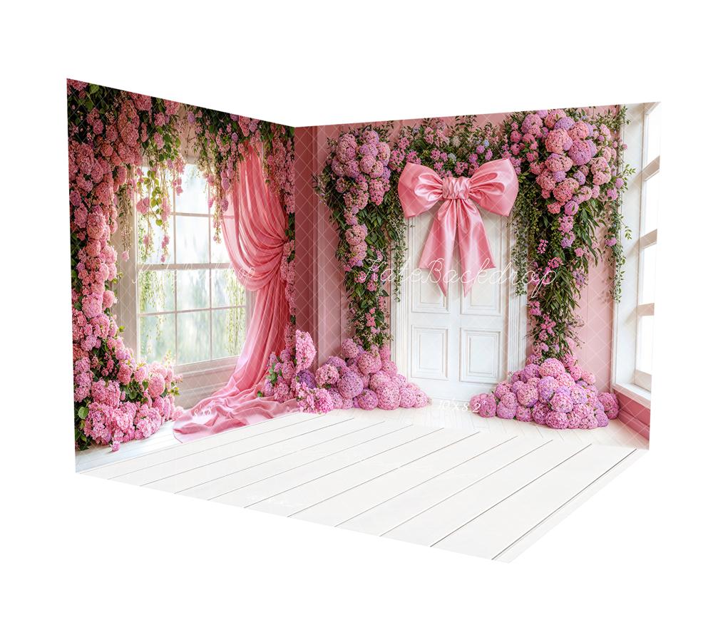 Kate Spring Floral Window Pink Bow Curtain Room Set -UK