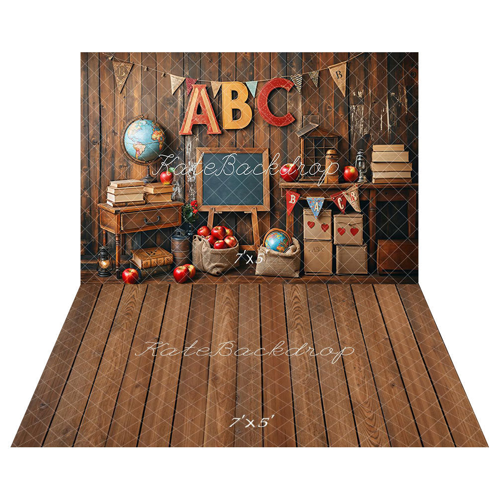 Kate Back to School Globe Vintage Wooden Backdrop+Rustic Wood Panel Floor Backdrop -UK