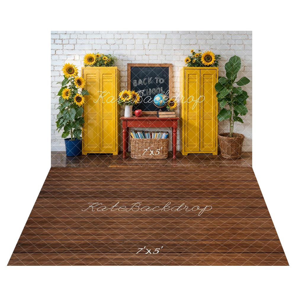 Kate Back to School Lockers Sunflower Backdrop+Brown Wood Floor Backdrop -UK