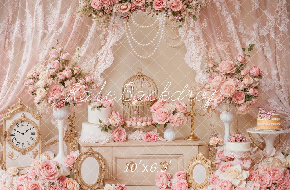 Kate Elegant Pink Floral Lace Birdcage Backdrop Designed by Emetselch -UK