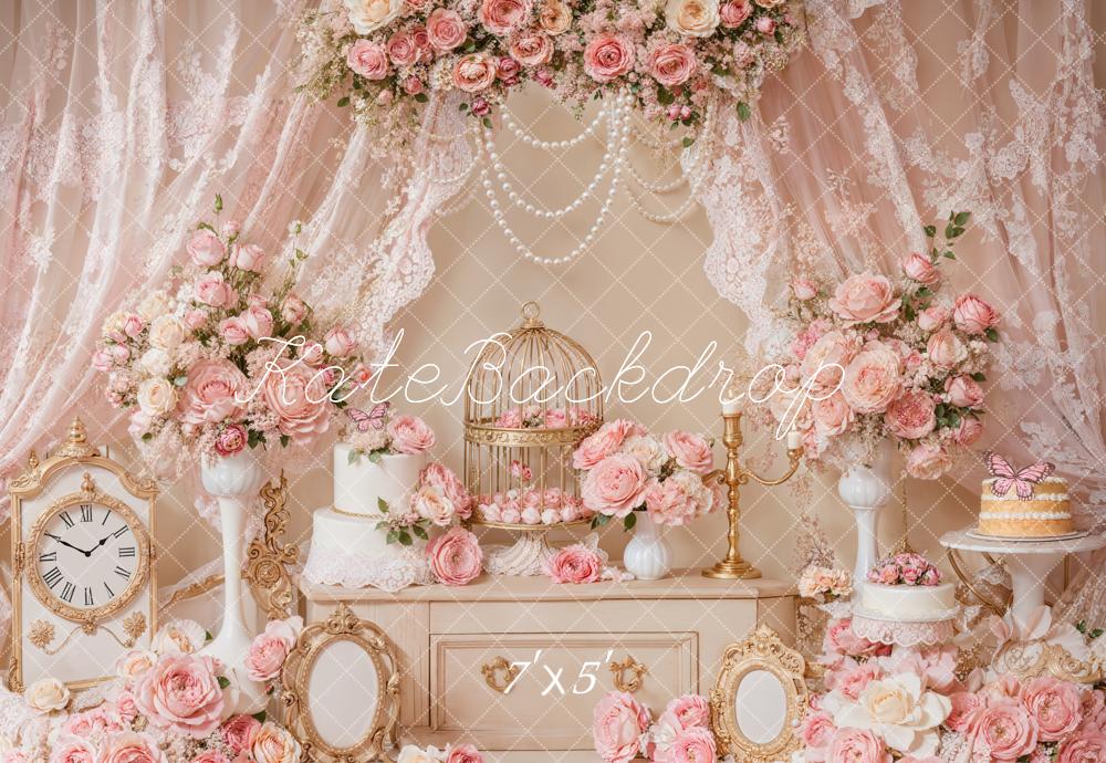 Kate Elegant Pink Floral Lace Birdcage Backdrop Designed by Emetselch -UK