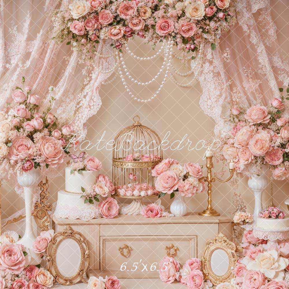 Kate Elegant Pink Floral Lace Birdcage Backdrop Designed by Emetselch -UK