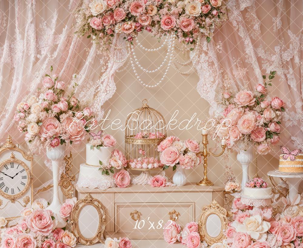 Kate Elegant Pink Floral Lace Birdcage Backdrop Designed by Emetselch -UK