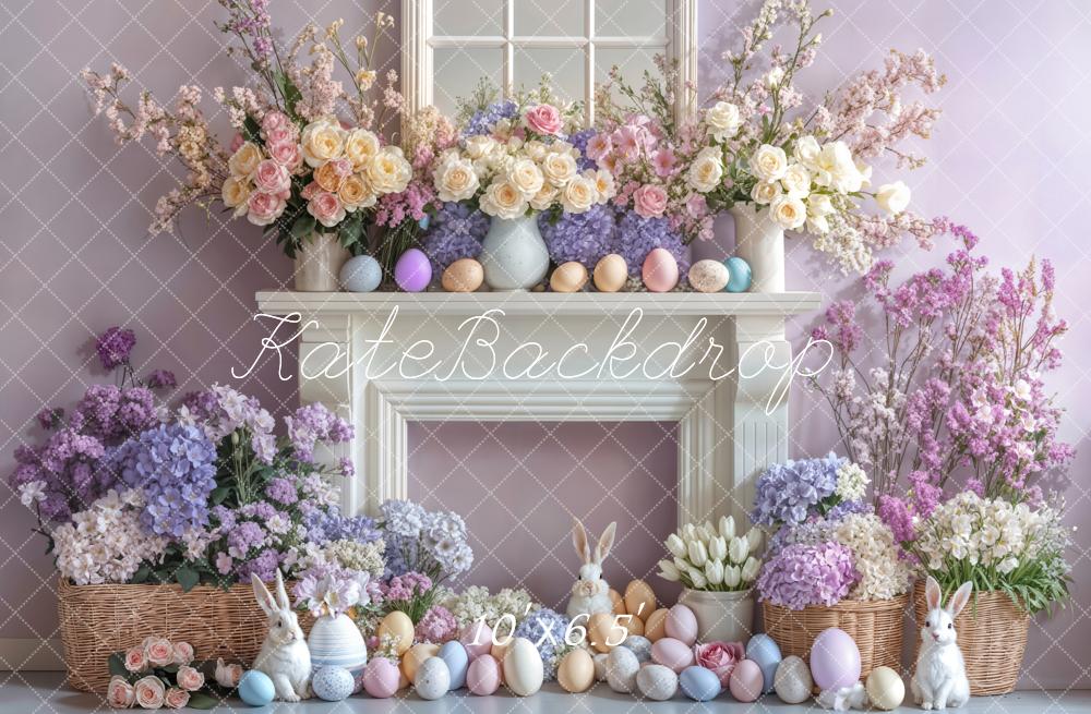 Kate Easter Bunny Flowers Fireplace Purple Backdrop Designed by Emetselch -UK