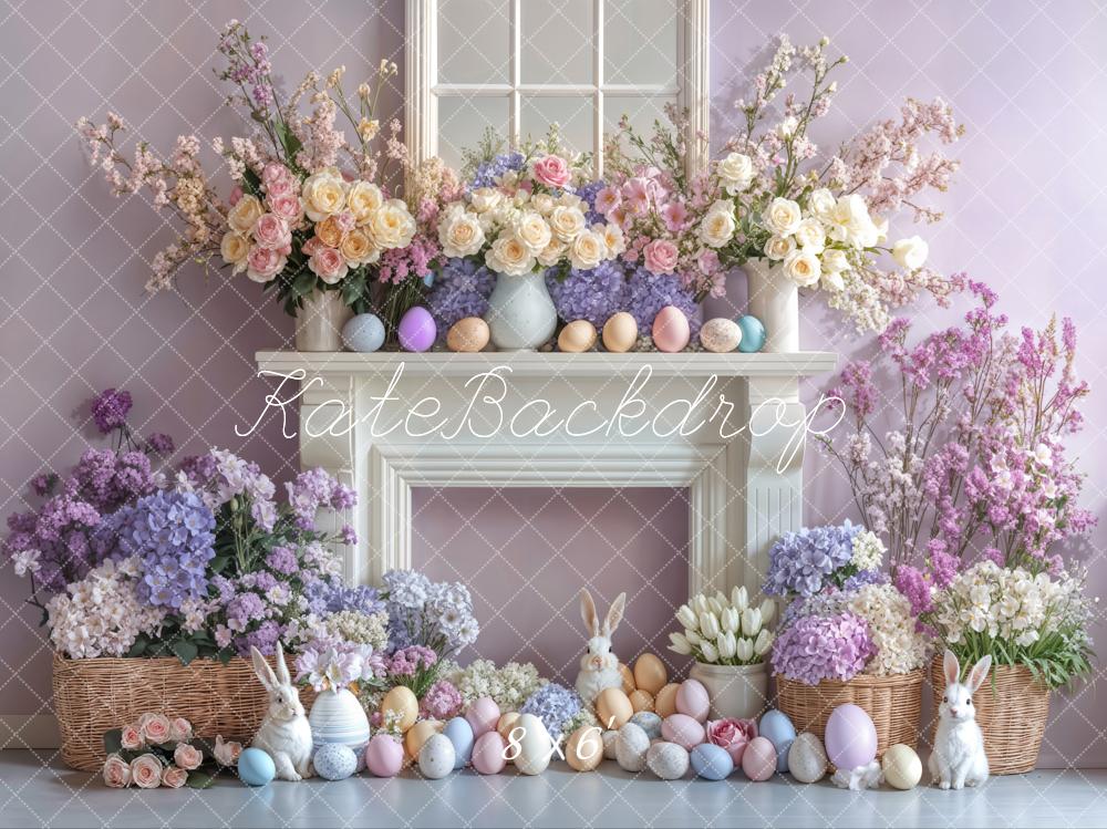 Kate Easter Bunny Flowers Fireplace Purple Backdrop Designed by Emetselch -UK