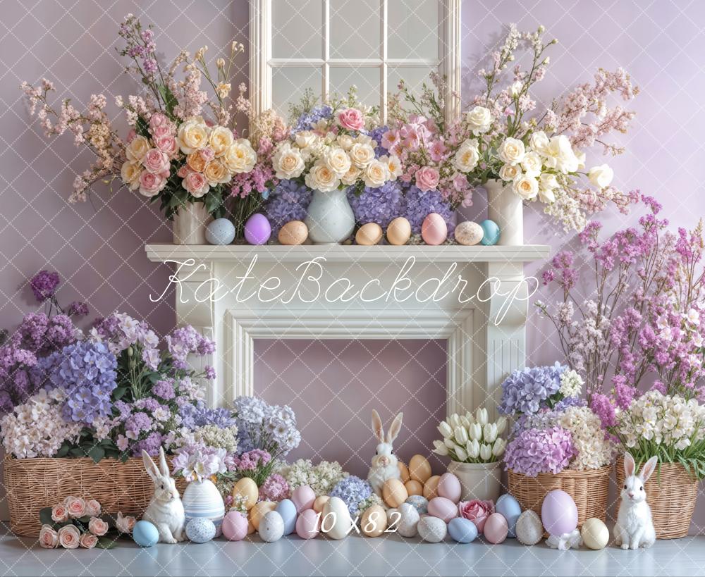 Kate Easter Bunny Flowers Fireplace Purple Backdrop Designed by Emetselch -UK