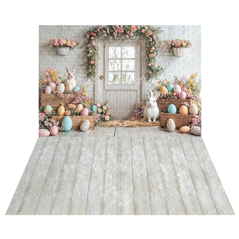 Kate Easter Bunny Egg White Door Backdrop+Vintage Wood Plank Floor Backdrop -UK