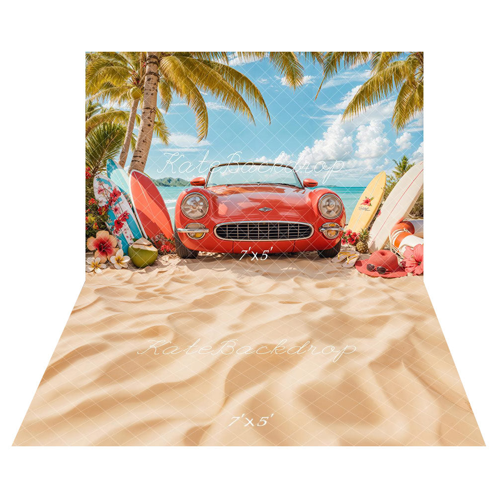 Kate Summer Beach Red Car Surf Backdrop+Beach Sand Floor Backdrop -UK