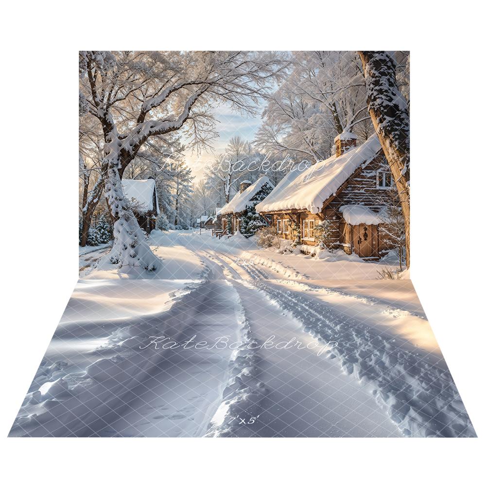 Kate Winter Snowy Village Trees Backdrop+Thick Snow Road Tire Tracks Floor Backdrop -UK