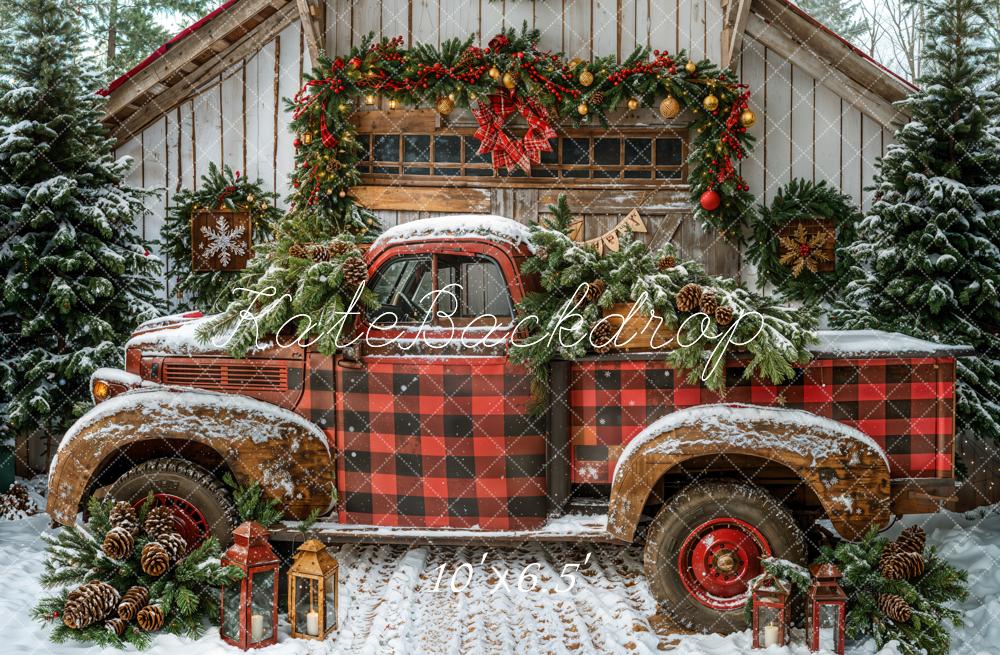 Kate Christmas Red Plaid Truck Cabin Snow Backdrop Designed by Emetselch -UK