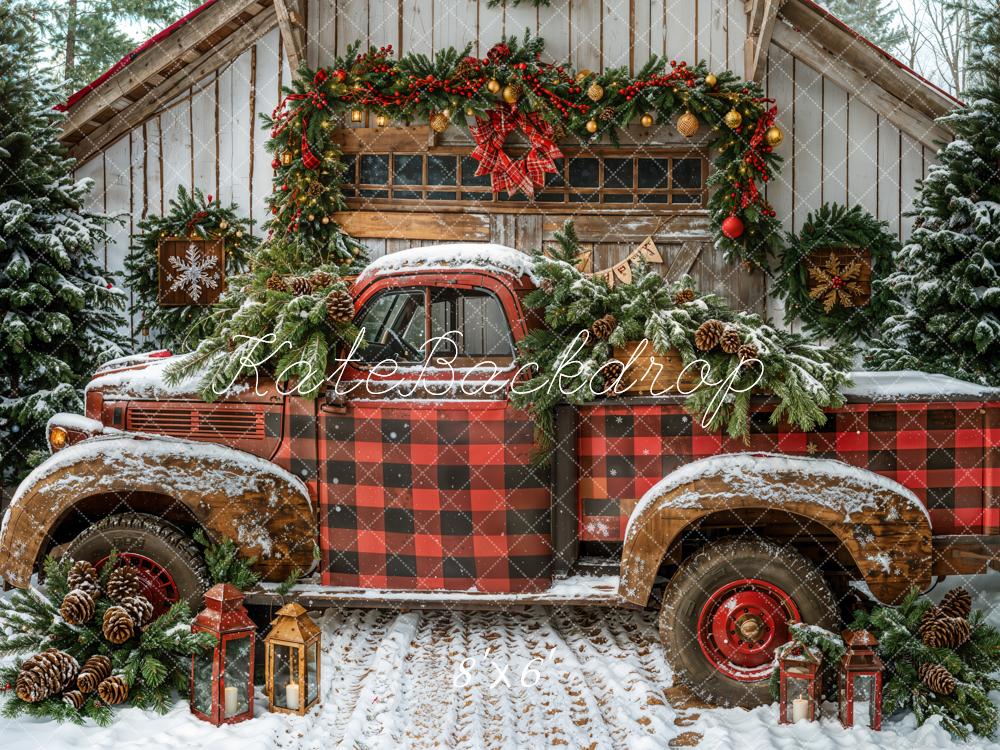 Kate Christmas Red Plaid Truck Cabin Snow Backdrop Designed by Emetselch -UK